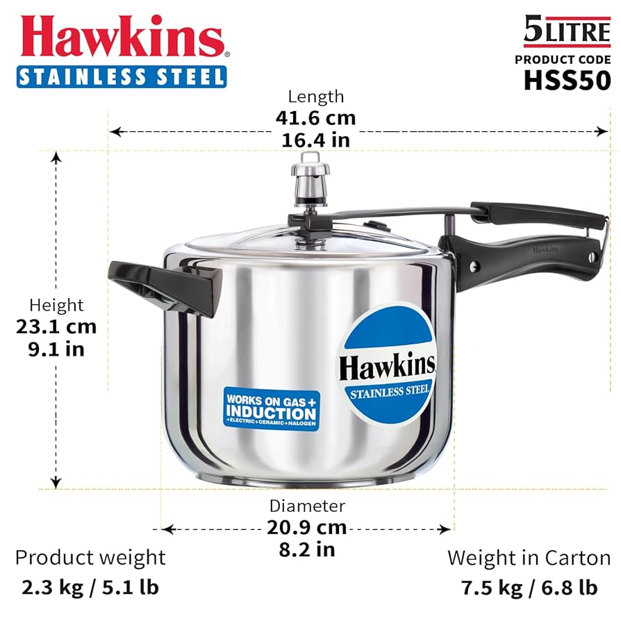 Amazon.com: Hawkins 5 Litre Pressure Cooker, Stainless Steel